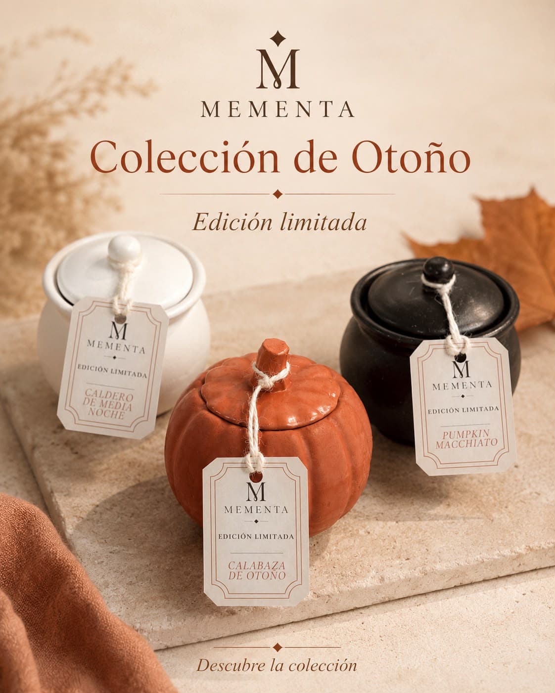 Colección de Otoño de MEMENTA con Calabaza de Otoño, Caldero de Medianoche y Pumpkin Macchiato.